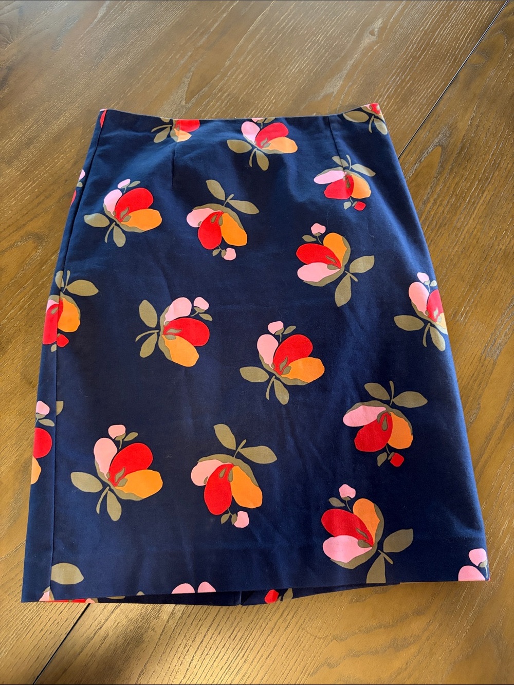 Boden Navy Pencil Skirt with Red, Pink and Orange Floral Print